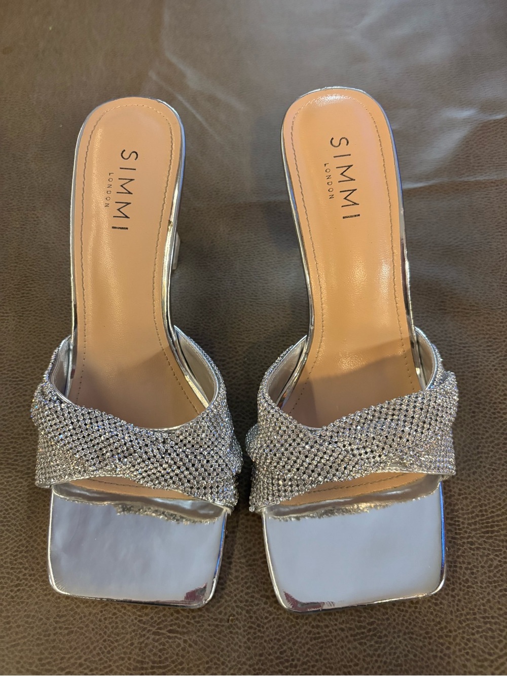 SIMMI London Silver Crystal-Embellished Slide Mules